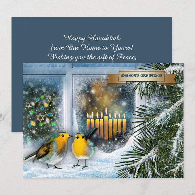Festividades Feliz Hanukkah. Cena de Neve com Cartão Menorah (Frente/Verso)