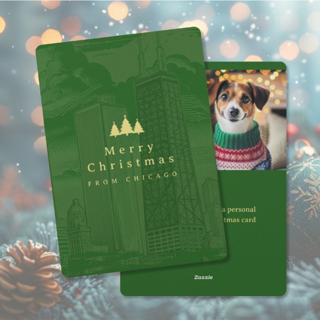 Festividades Feliz Natal Cartão com fotos de Natal Plano em Chi (Merry Christmas Chicago Flat Holiday Photo Card (front and back))