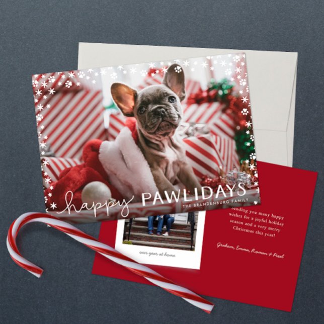 Festividades Feliz Natal Pawlidays com o Cartão com fotos de Fé (Happy Pawlidays snowflake paw two photo Christmas holiday card with red backer and personalized text)