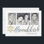 Festividades Feliz Relógio de Hanukkah| Cartão Hanukkah<br><div class="desc">Envie seus cartões de natal em estilo com este cartão Hanukkah de 3 fotos com texturas falsas de brilho.</div>