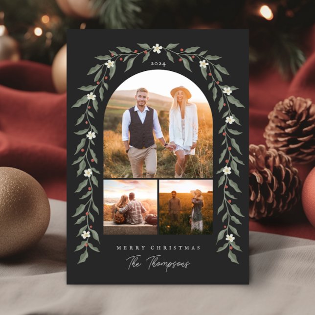 Festividades Floral Garland Archou 3 Fotografias - Cartão de Na (Floral Garland Arched 3 Photo Black Christmas Card)