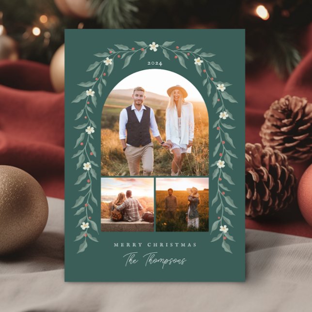 Festividades Floral Garland Archou 3 Fotografias com Cartão de  (Floral Garland Arched 3 Photo Green Christmas Card)