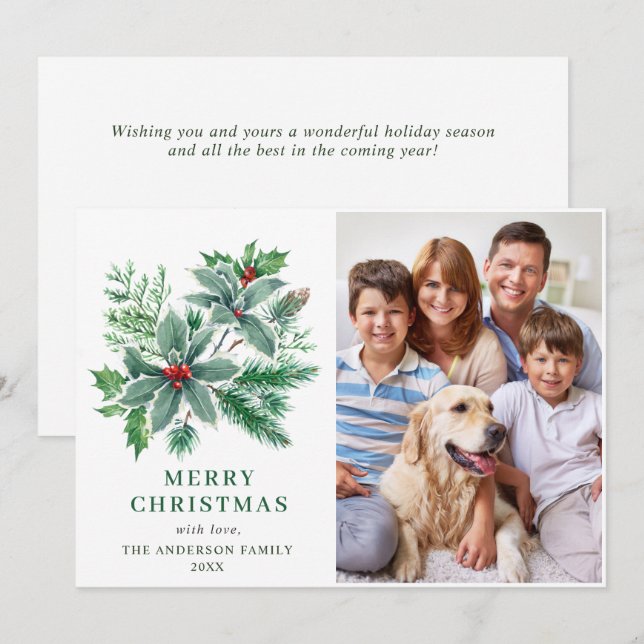 Festividades Foto de cartão de Natal de Feliz Natal com azevinh (Frente/Verso)