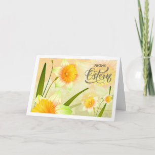 Festividades Frohe Ostern. Cartão de Páscoa Daffodil em alemão