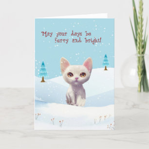 Festividades Gato branco bonito no cartão de Natal da neve