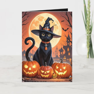 Festividades Gato de Halloween com cartão dobrável de abóbora