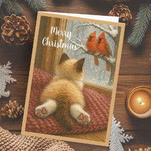 Festividades Gato de Natal bonito e Cartão de Férias Cardeal
