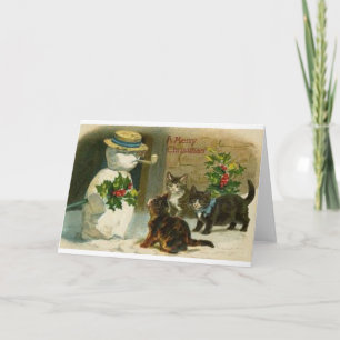 Festividades Gatos do natal vintage e cartão do boneco de neve