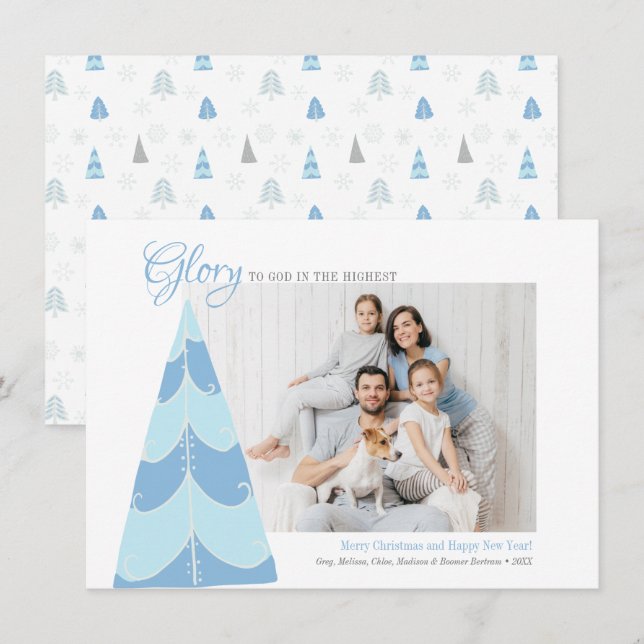 Festividades Glória a Deus Cartão com fotos de Árvore Azul (Frente/Verso)