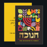 Festividades Hanukkah Chanukah moderno cartão de saudação judai<br><div class="desc">Hanukkah / Chanukah - Cartão Geométrico Colorido Moderno com Folha de Ouro Faux. Menorah, Dreidel, Rosquinhas, estrelas e azeite... Estão todos aqui. Símbolos hebraicos e judeus de Hanukkah espaço para adicionar seu texto personalizado na frente e ao contrário. Feliz desejo Hanukkah. Hebraico na frente diz "Chanukah". Esta bela, bela, olha,...</div>