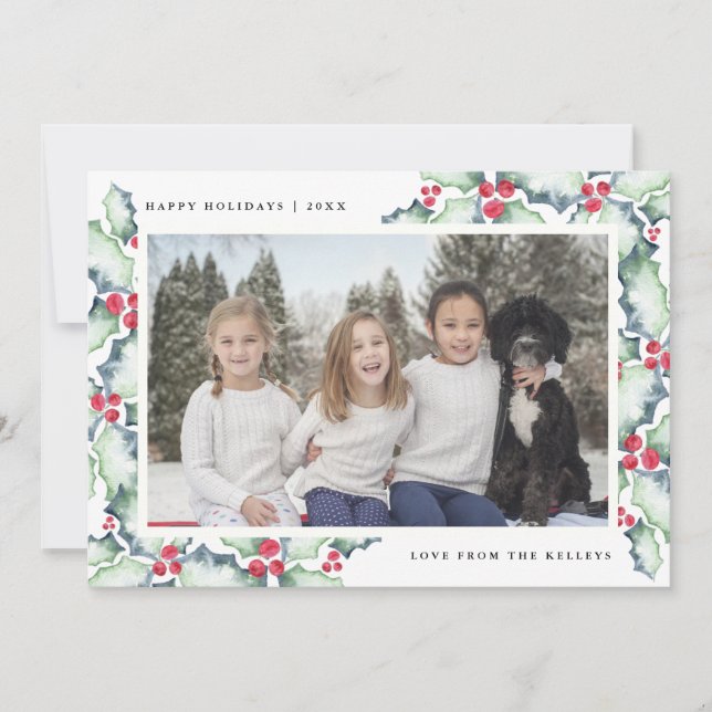 Festividades Holly, Cartão com fotos de Férias, Verde e Vermelh (Frente)