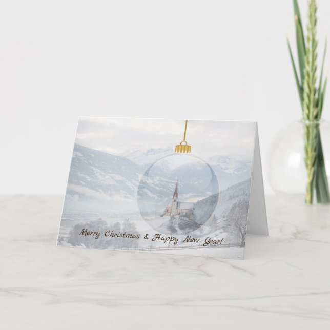 Festividades Igreja no inverno: cartão de natal de bola de vidr (Frente)