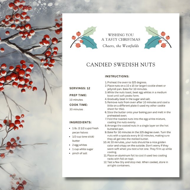 Festividades Loucos Suecos Recebem Cartão de Natal (Wishing You a Tasty Christmas Holly and Red Berries Candied Swedish Nuts Recipe Card)