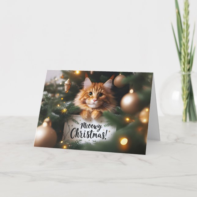 Festividades Maine Coon Cat em um Cartão de Árvore de Natal (Frente)