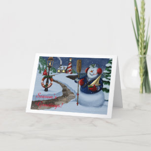 Festividades Marinho Snowman No Cartão De Feriado Do Farol