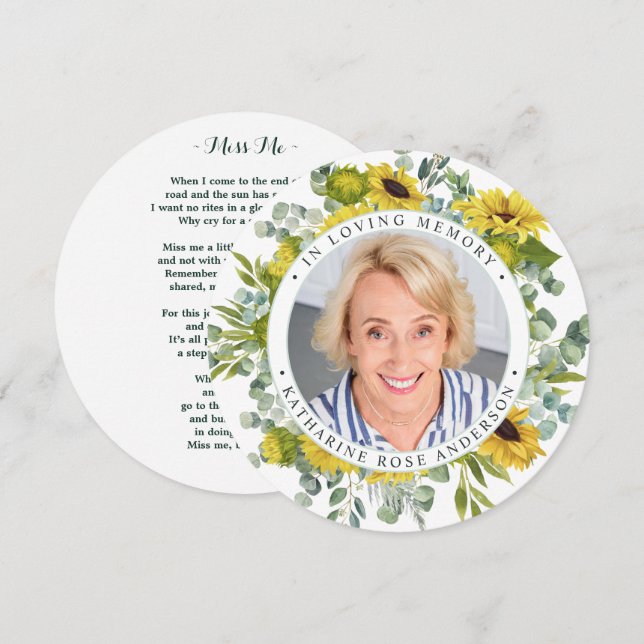 Festividades Memorial Funerário Cartão de Oração Sunflower Euca (Frente/Verso)