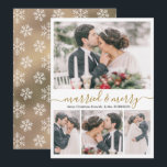 Festividades Modern Collage Casada e Feliz Cartão de Natal<br><div class="desc">Caligrafia Elegante Moderna Branca e Caligrafia Dourada 4 Fotocolagem Casada e Feliz Cartão de Natal. Esta nova carta de natal festiva e mimalista apresenta quatro (4) colagens de fotos em grade e texto de saudação "Casado e Feliz", que é escrito em um belo tipo de letra branco e branco, com...</div>