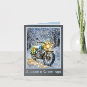 Festividades Motociclo com cartão de férias das luzes de Natal