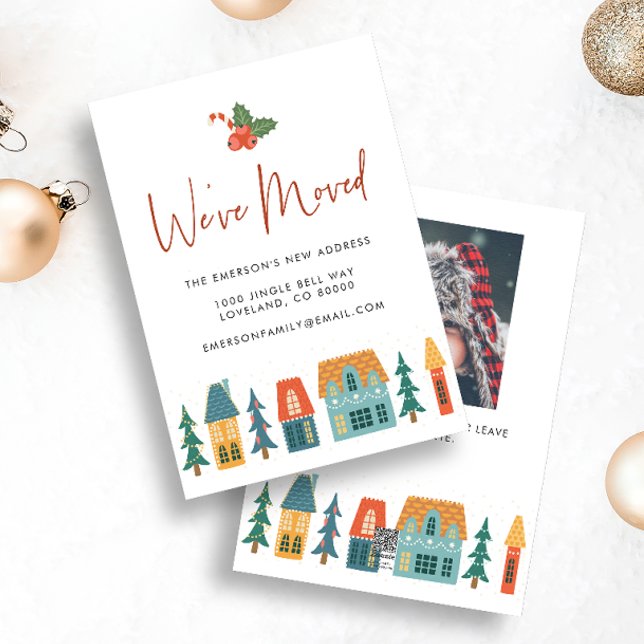 Festividades Movemos um novo cartão de feriado doméstico (We've Moved Holiday Moving Announcement Christmas Card with photo on back Cute Retro Houses)