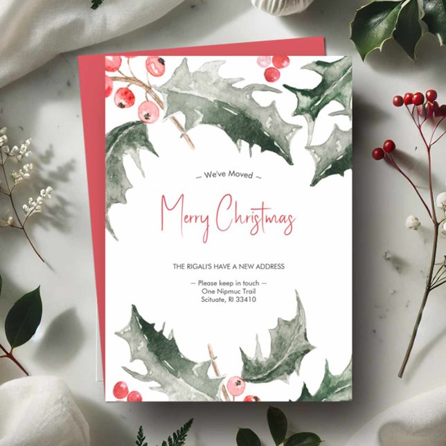 Festividades Movimentamos o Cartão de Natal Elegante de Aquarel (Moving Christmas cards watercolor holly and berries in shades of red and green)