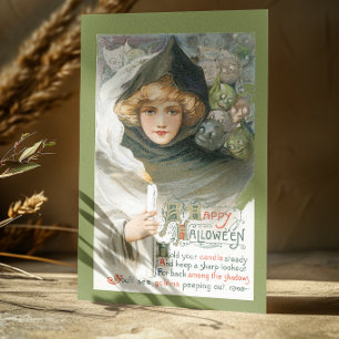 Festividades Mulher de Halloween Antiga com Cartão Postal de Ca