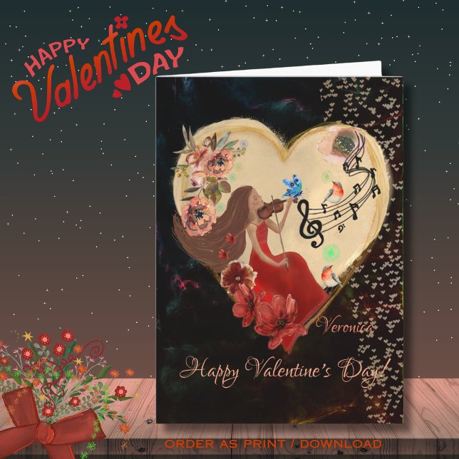 Festividades Mulheres de vestido vermelho tocando cartão de vio (Women in Red Dress playing violin Card)