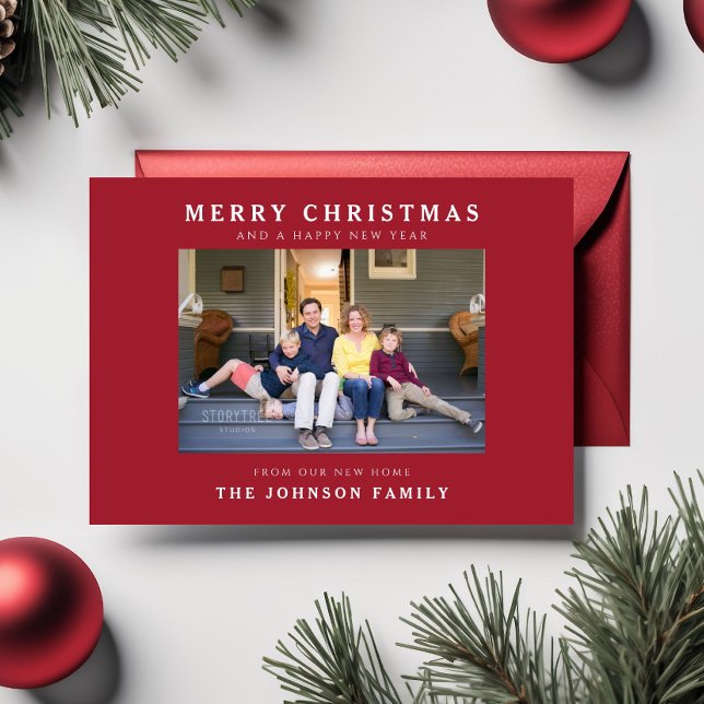 Festividades Novo cartão de Natal vermelho de casa nova foto de (New Home Red Merry Christmas Photo Holiday Card)