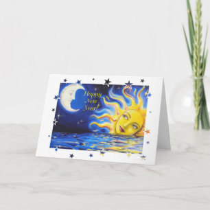 Festividades O feliz ano novo cartão de cara celestial de Sun 