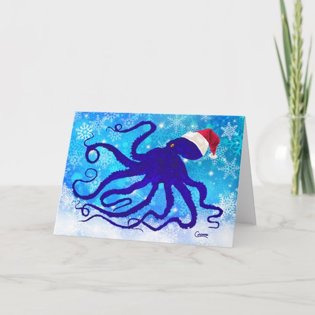 Festividades Octopus de Natal Azul - Cartão de 7" x 5" (Frente)