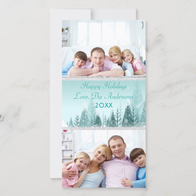 Festividades Paisagem de inverno Teal Cena 2 Fotos - Cartão com (Frente)