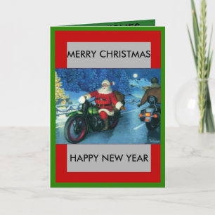 Festividades Papai noel em um cartão de Natal da motocicleta