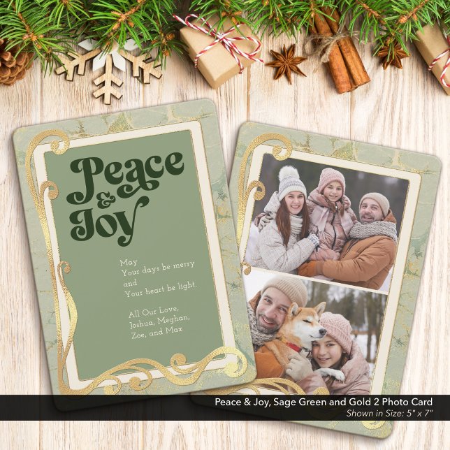 Festividades Paz & Alegria Verde Musgo e Dourado Cartão de 2 Fo (Peace & Joy, Sage Green and Gold Holiday Two (2) Photo Greeting Card)