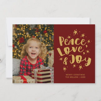 Festividades Peace Love Joy Foto Red Dourado Cartão de Natal