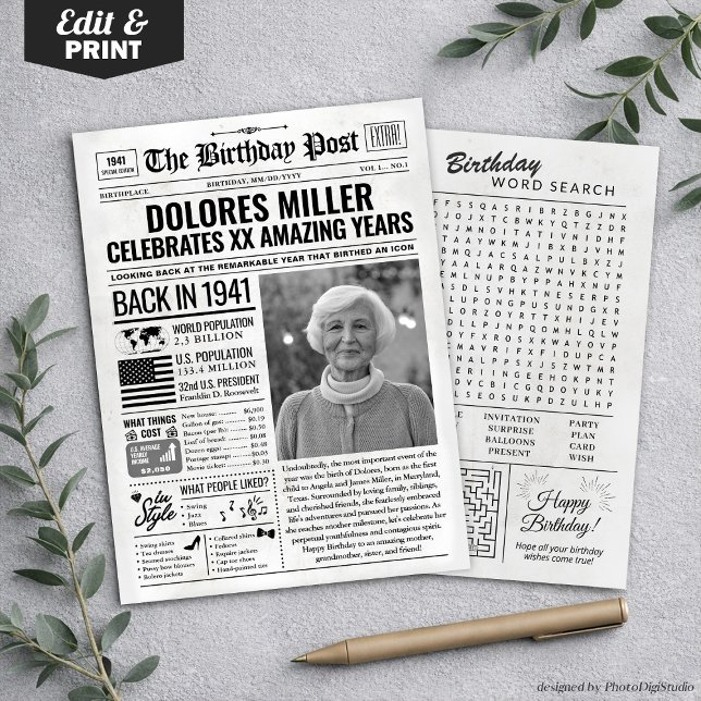 Festividades Personalizado de volta em cartão de aniversário de (Custom Back in 1941 Newspaper Birthday Card, Trend Holiday Card)