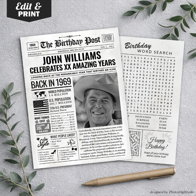 Festividades Personalizado de volta em cartão de aniversário de (Custom Back in 1969 Newspaper Birthday Card, Trend Holiday Card)