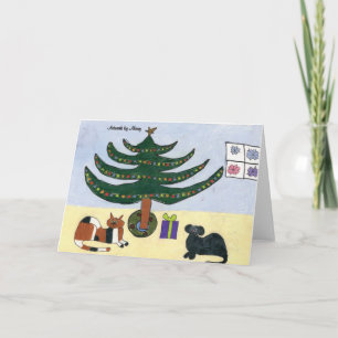 Festividades Pets em volta do cartão de árvore de Natal