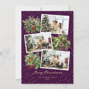 Festividades Pine Roxo Cones Holly Foto Feliz Cartão de Natal