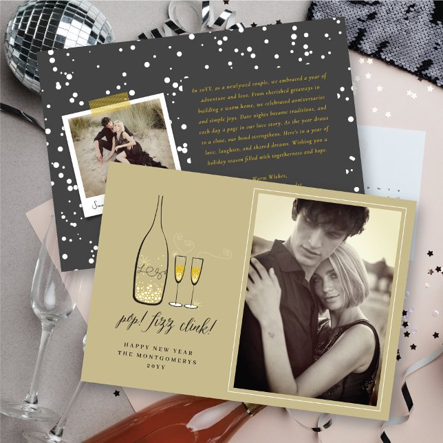 Festividades Pop Fizz Clink Champagne Cheer Cartão com fotos de (Pop Fizz Clink Champagne Cheer New Year Photo Card @ fat_fa_tin)