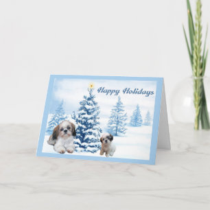 Festividades Shih Tzu Cartão de Natal Árvore Azul