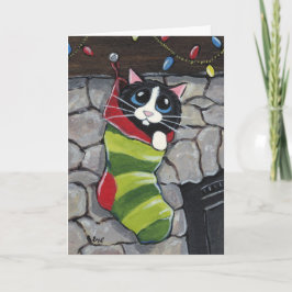 Festividades Tuxedo Cat em um Cartão de Arte de Natal