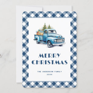Festividades Velho Caminhão Azul Xadrez Gingham Cartão de Natal