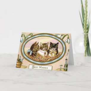 Festividades Vintage Cat Cartão de Saudação de Ano Novo