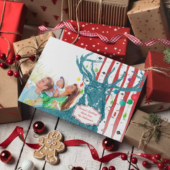 Festividades Vintage Deer Birch Tree Cartão de Natal (Criador carregado)