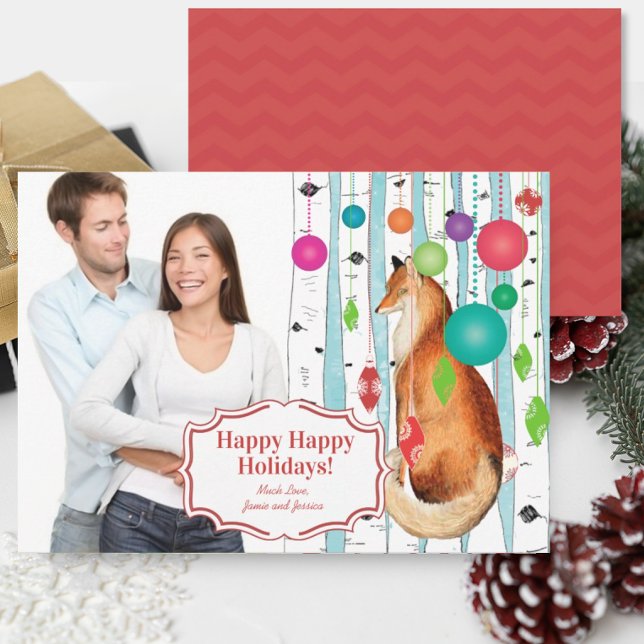 Festividades Vintage Fox Birch Tree Cartão de Natal (Criador carregado)