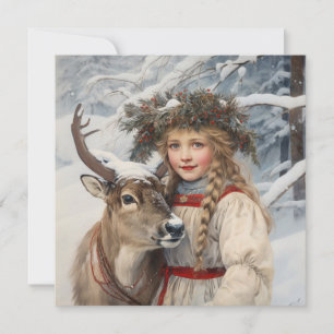 Festividades Vintage Girl com cartão de natal de rena