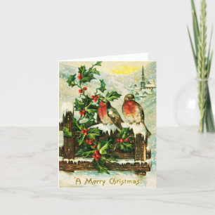 Festividades Vintage Holly e pássaros Cartão de Natal