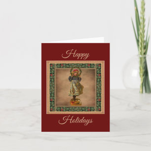 Festividades Vintage Little Girl e Holly Wreath Cartão de Nata