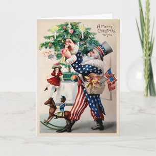 Festividades Vintage Patriotic Santa Claus Cartão de Natal