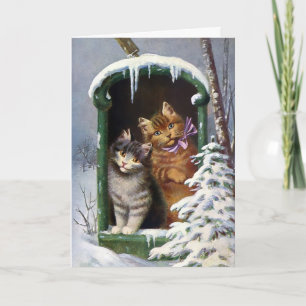 Festividades Vintage Victorian Mailbox Cats Cartão de Natal