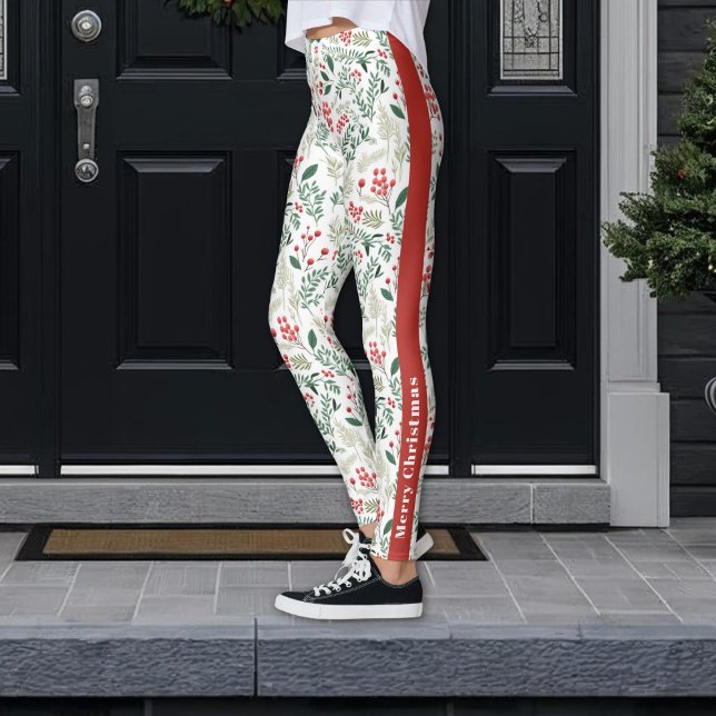 Festivo Feliz Natal Red Holly Berries Leggings (Criador carregado)